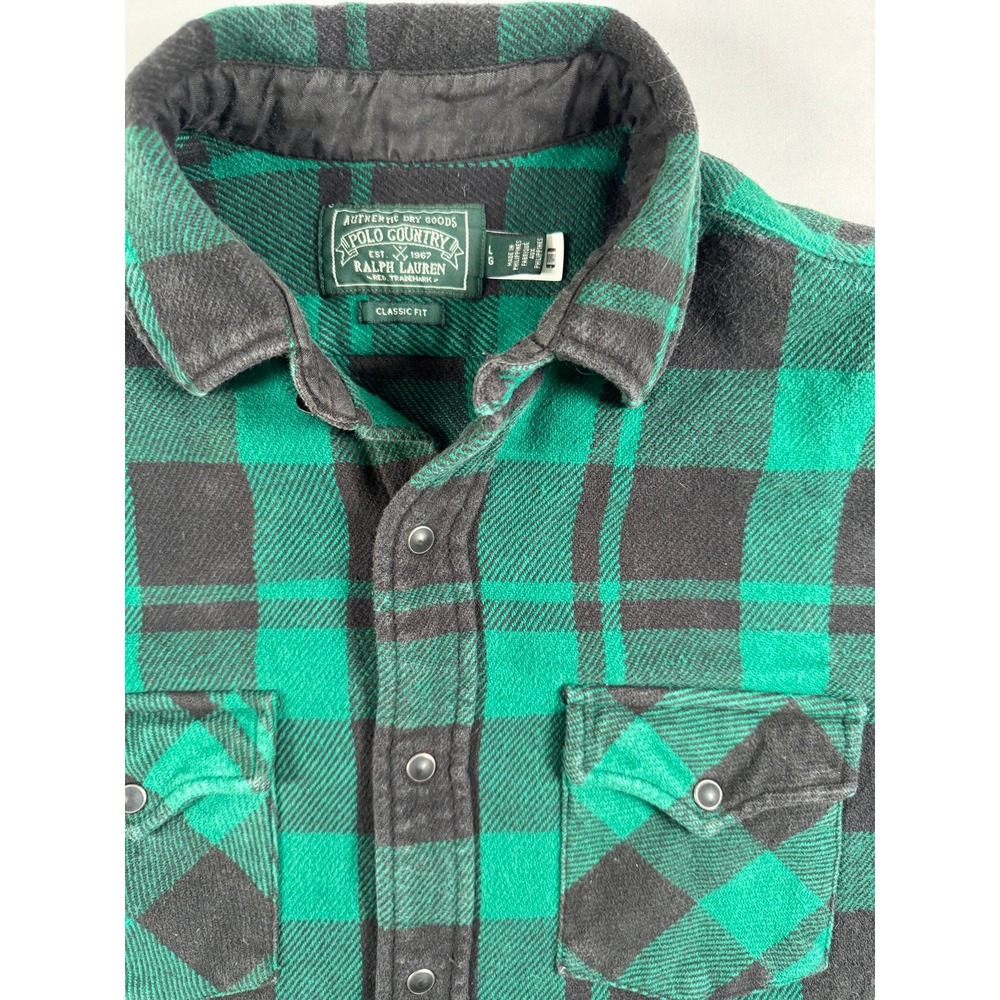 Polo Country Ralph Lauren Flannel Shirt Concho Button Green Buffalo Plaid Large